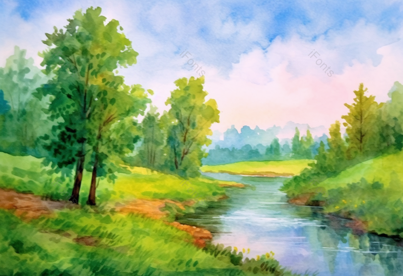 一个普通的夏天森林中绿色的树木草地和河流手绘插画,插画/手绘图,插画/手绘图库,插画/手绘图下载,插画/手绘